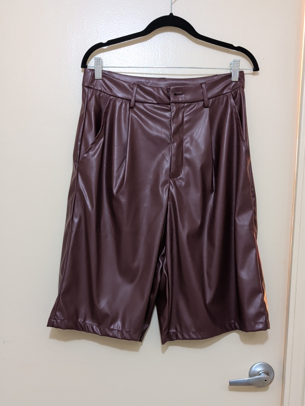 Faux Leather High-Waist Long Shorts - Burgundy - Picture 1 of 2